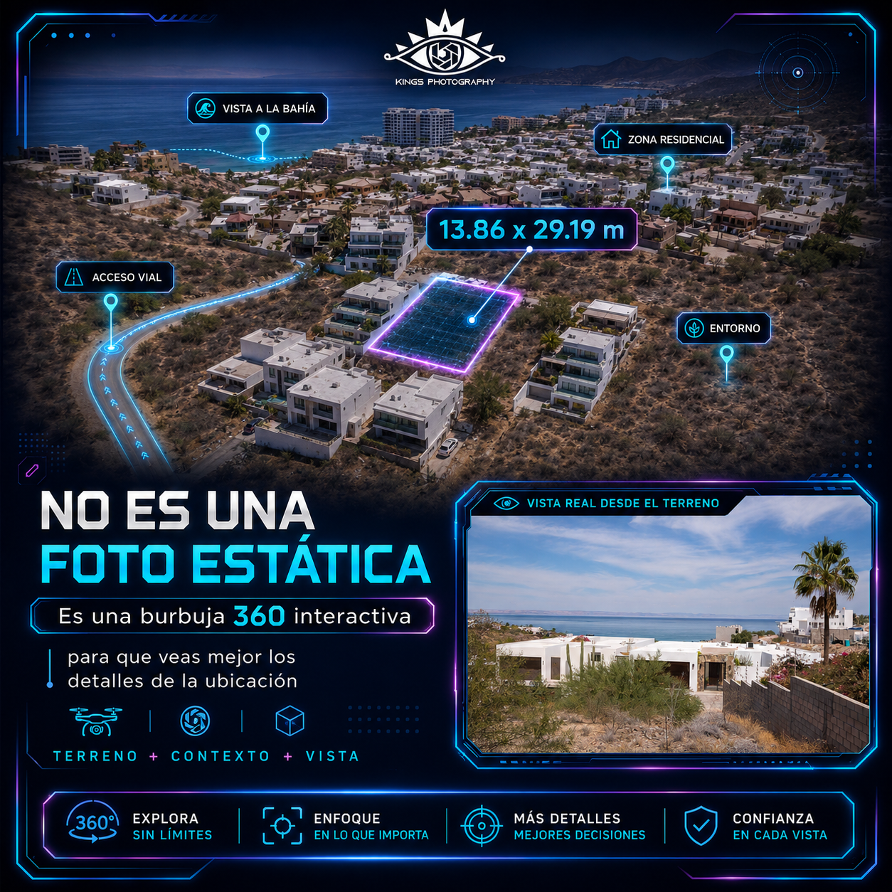 Interfaz de recorrido 360 con etiquetas y navegación